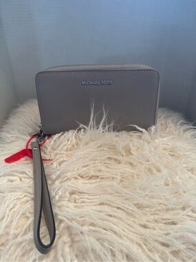 Michael Kors Gray Saffiano Zip Wristlet with Strap